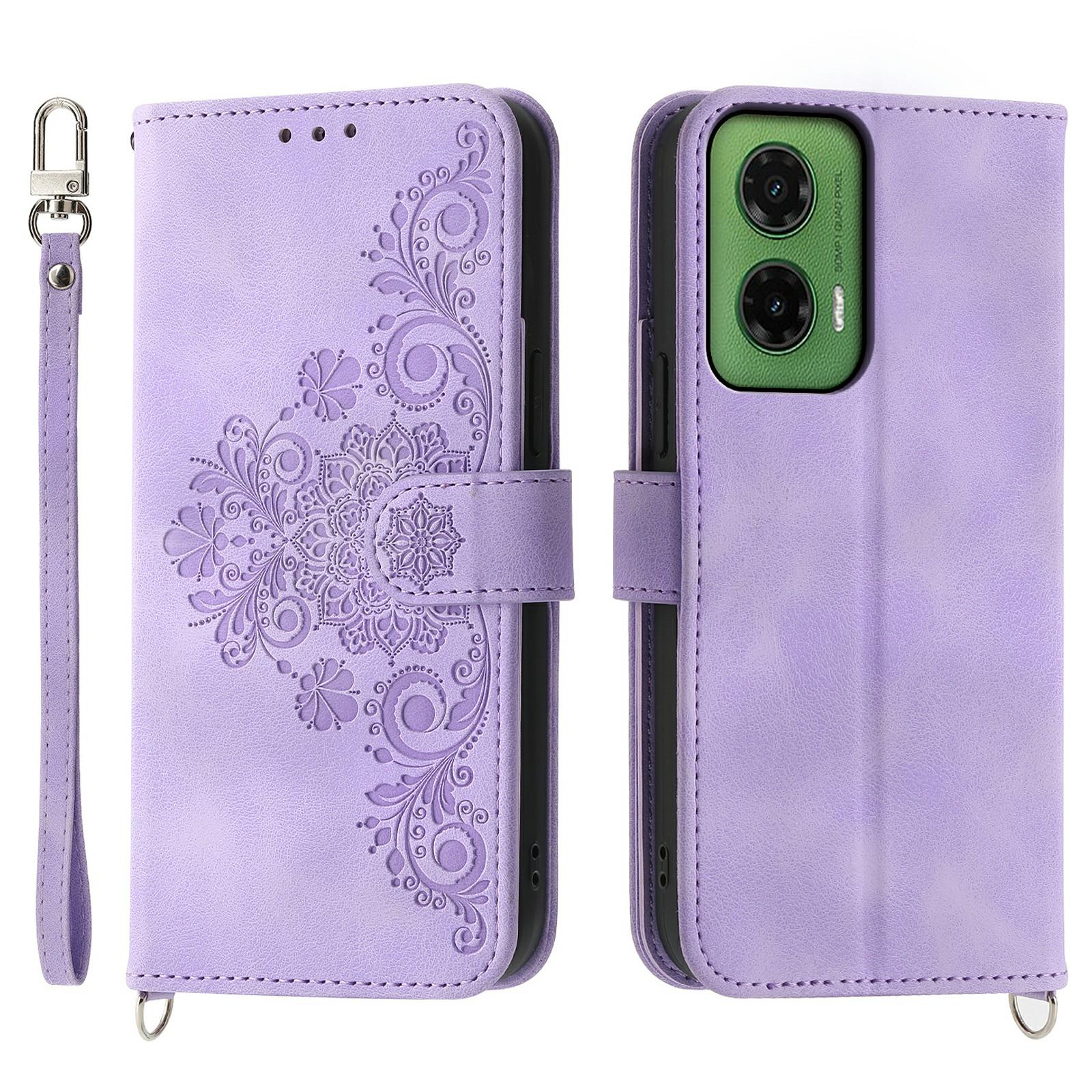 

For Motorola Moto G35 5G Case Flower Pattern PU Leather Wallet Phone Cover with Strap Light Purple
