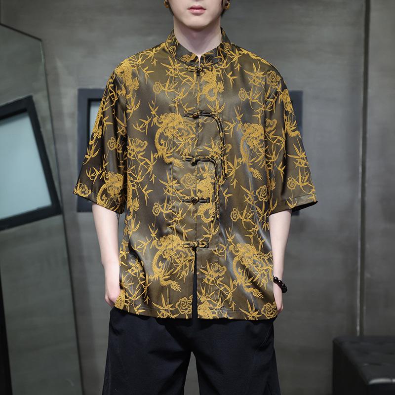 2024 Men's Chinese Style Jacquard Frog Button Tang Suit Shirt, Plus Size, Summer Casual