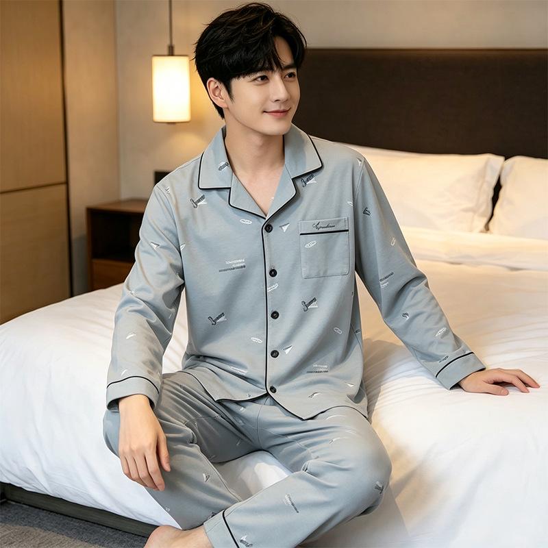 Men's Casual Long Sleeve Cardigan Pajama Set - Spring/Autumn, Plus Size, Youth to Middle-Aged