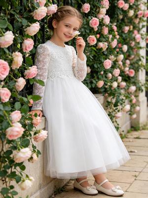 Long Sleeve Girls' Tulle Princess Flower Girl Formal Dress
