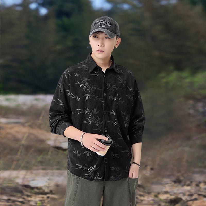 Men's Corduroy Long Sleeve Shirt Oversized Chinese Style Bamboo Leaf Print Casual Loose Shirt Jacket Retro Streetwear Top