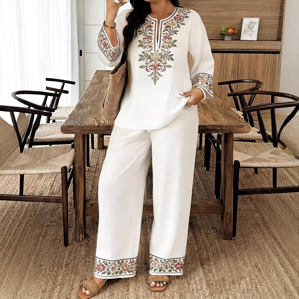 Damen Frühling Sommer Neues 2-teiliges Outfit, V-Ausschnitt 3/4-Ärmel Knopfleiste Hemd & Bedruckte Elastische Taille Lange Hose Set, Digitaldruck Maschine Lässiger Anzug