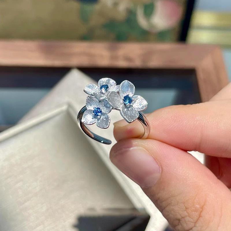 925 Sterling Silver Blue Zircon Flower Ring: Women's Luxury Chinese Style Index Finger Accessory