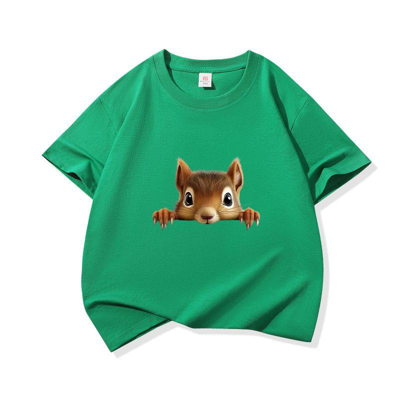 Kids Cotton T Shirt Cute Peeking Squirrel Print Crew Neck Short Sleeve Tee Casual Breathable Boys Girls Summer Tops