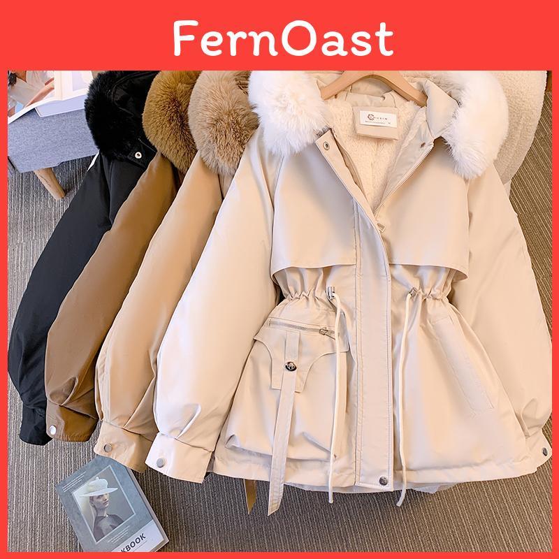 Collar Women Autumn Winter Fur Long Sleeve Solid Color Drawstring Parka Hooded Chic Warm Coat