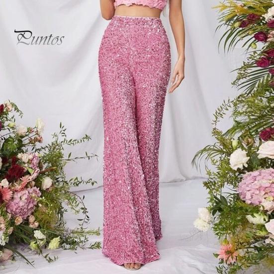 Women Casual Pants Elastic High Waisted Wide Leg Trousers Sparkling Leisure Design Sequin Parties Vacation Streetwear Soft