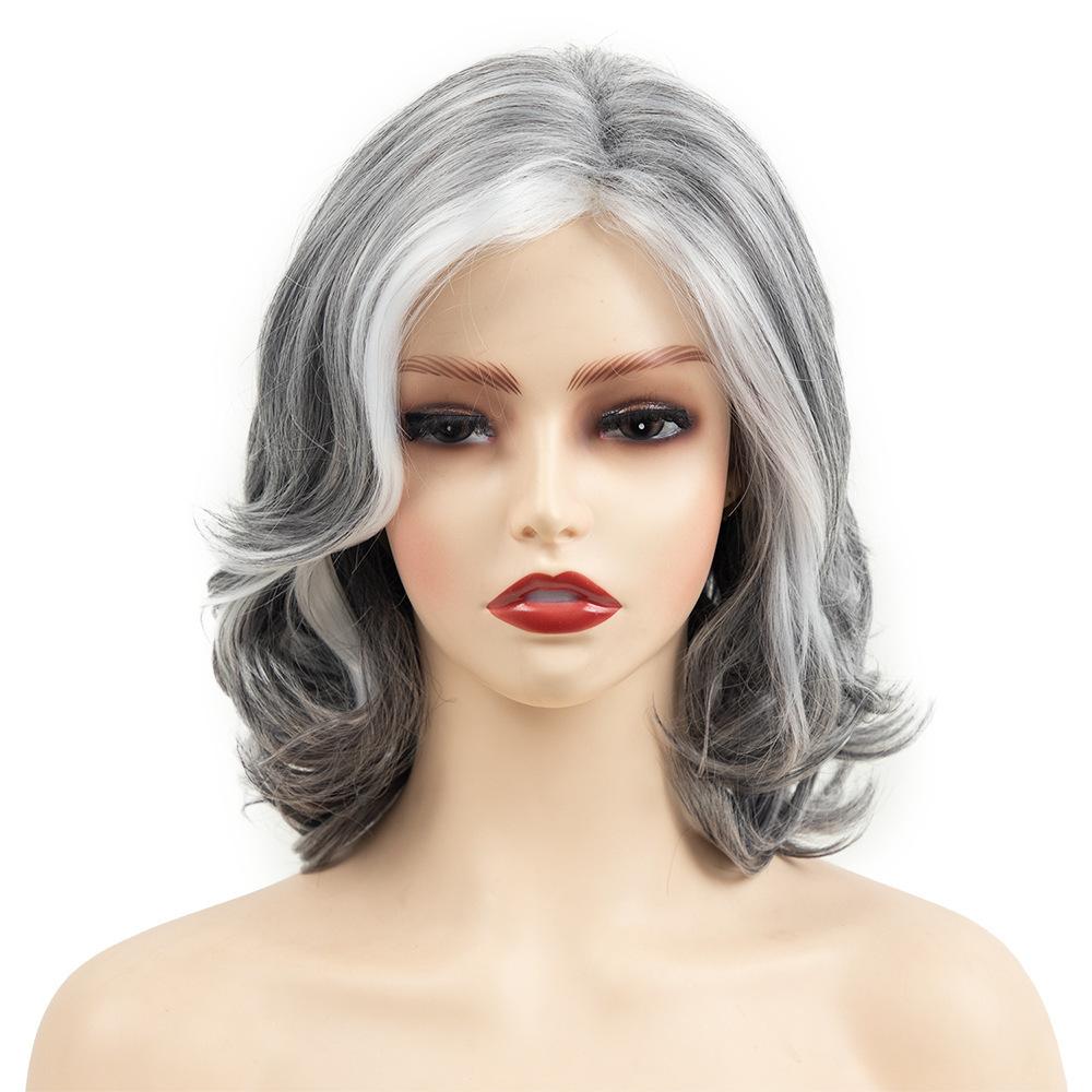Synthetic Black Gray Wigs Natural Shoulder Length Wave Hair for Women Cosplay Daily Use Heat Resistant Fibre