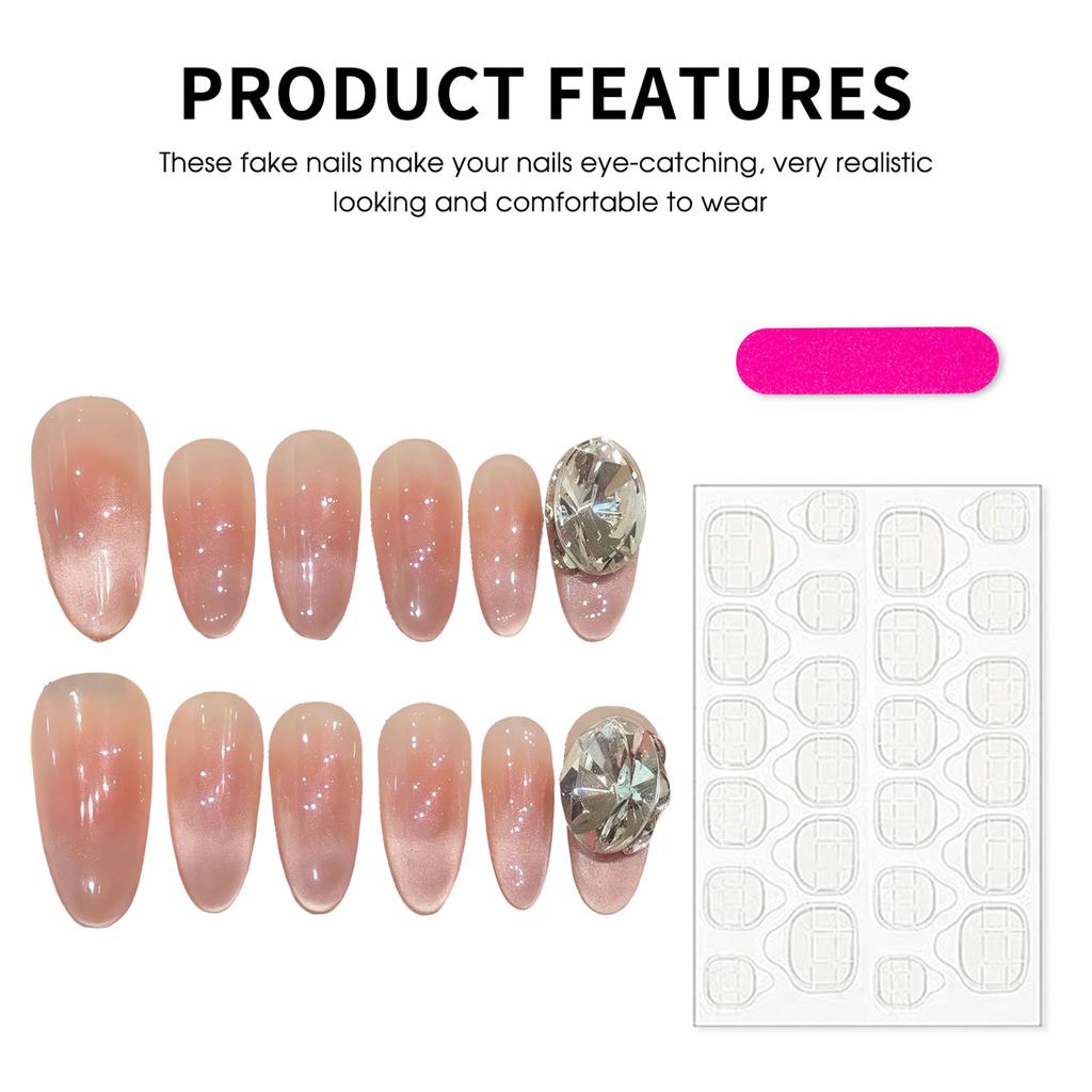 12Pcs Oval Cat Eye Blush Gradient Handmade False Nails for Women