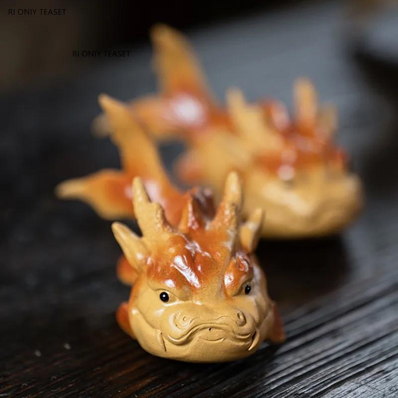 Chinese Yixing Handmade Purple Clay Tea Pet Lucky Arowana Statue Ornaments Desktop Decors Crafts Tea Set Decoration Accessories
