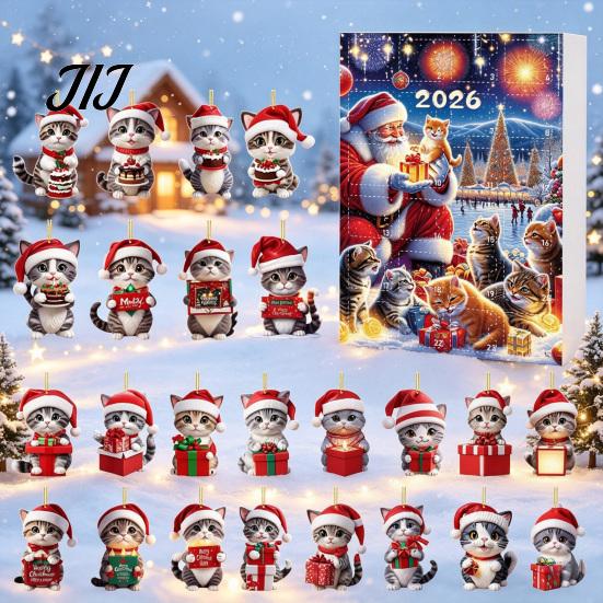 Decorative Acrylic Cat Figurines for Windows 2026 Advent Calendar, 24 Days Christmas Countdown Calendar with Tree Decorations Hanging Ornaments