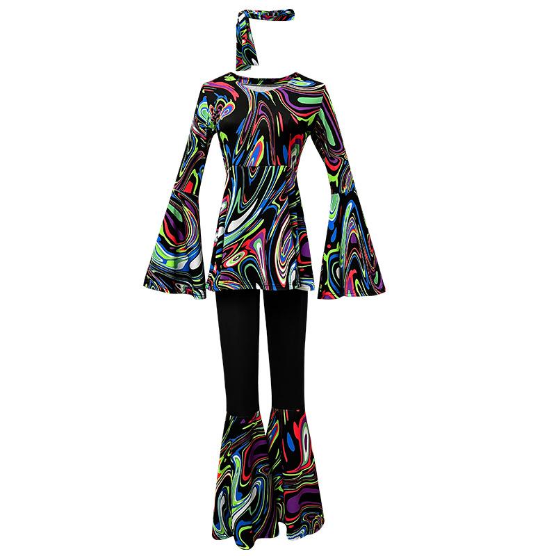 New Multi-color Printed Top, Pants Splicing Set, Including Headscarf, Disco Dance Suit Women
