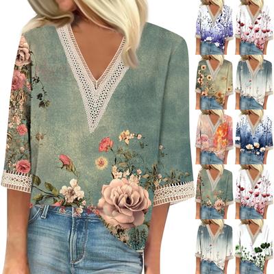 Women's Fashion V-Neck Lace Lace Vintage Floral Print T-Shirt Casual Seven Sleeve Top