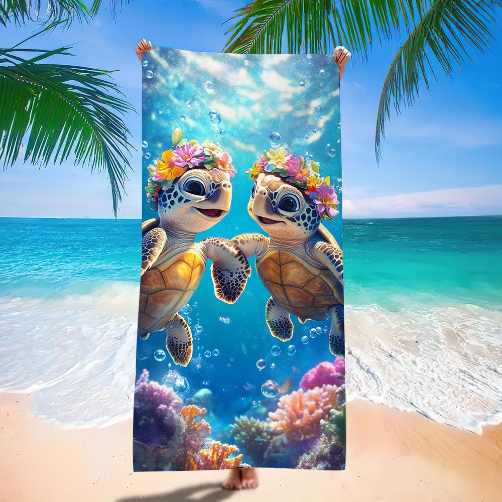 Bohemian Tribal Sea Turtle Beach Towel, Blue Watercolor Background Quick-Dry Towel