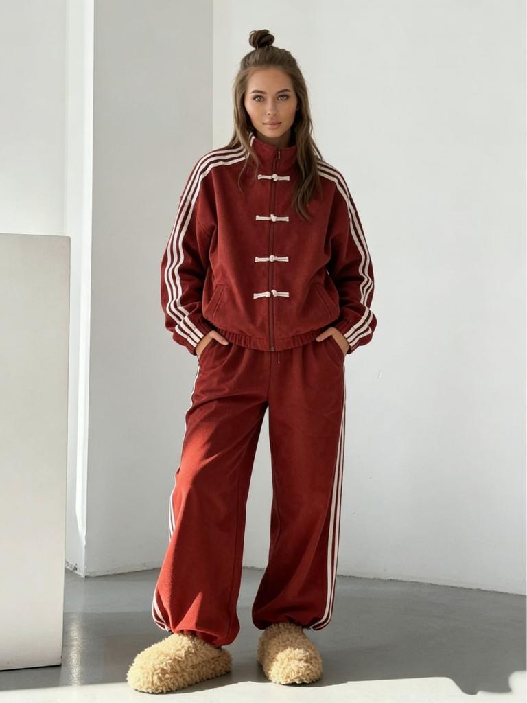 Fashion Buckle Three Bars Casual Suit Retro Stand-up Collar Jacket Wide-leg Sweatpants Two-piece Set