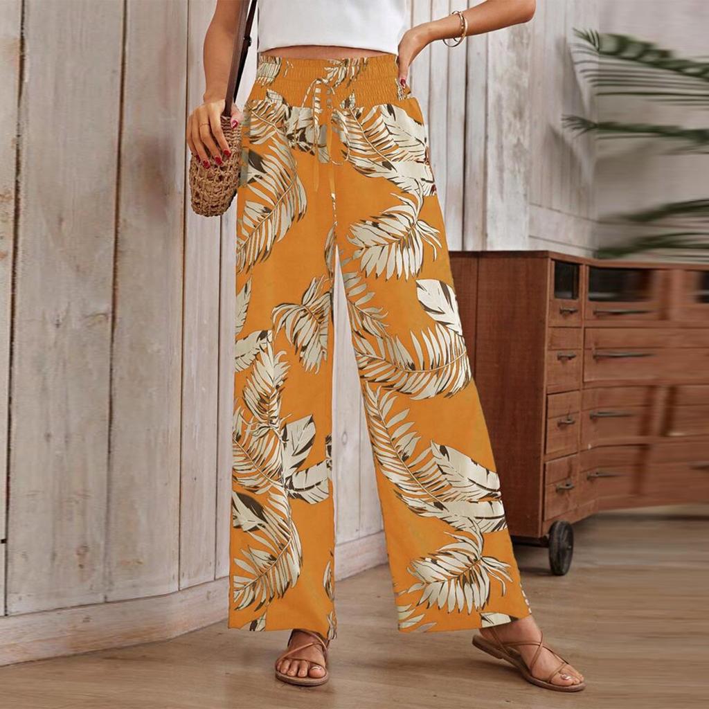 Women's Printed Wide Leg Pants With Pockets High Waist Drawstring Loose Casual Pants