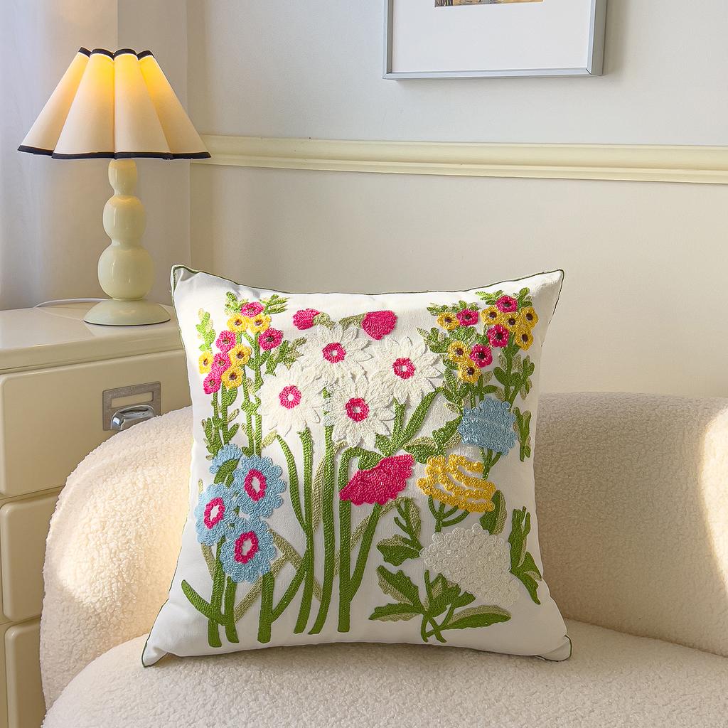 Spring Flower Embroidered Throw Pillowcase Cojines Canvas Towel Embroideried Sofa Square Cushion Cover Headboard Pillowcases
