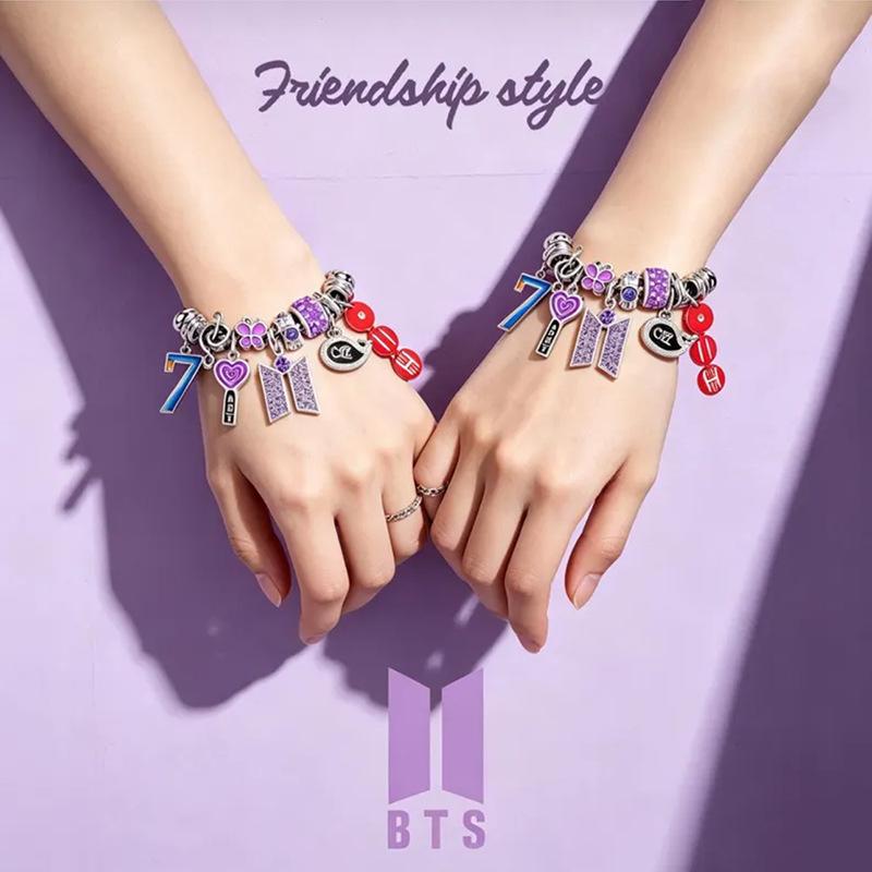 BTS Charm Bracelet OT7 Whale ARMY Logo Purple Crystal Beads Silver-Plated Snake Chain Jewelry Kpop Fan Gift for Army