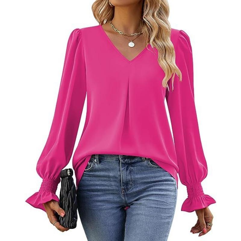 V-neck Pullover Chiffon Shirts Flared Long-sleeved Women's Blouses & Shirts