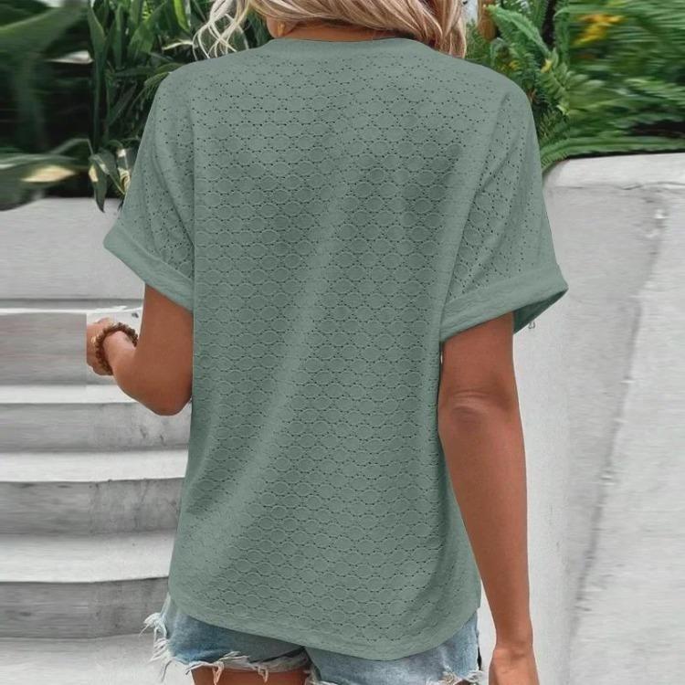 Spring Summer  Women Casual Button V Neck T Shirt Solid Color