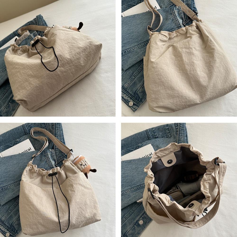 Large-capacity waterproof nylon fabric drawstring pleated single-shoulder bag, travel and leisure crossbody bucket bag A-DH