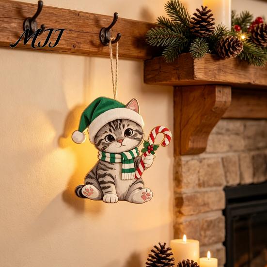 Cute Kitten Xmas Decor Christmas Ornament for Tree Hanging, 2D Flat Wooden Festive Gift Tags Decorative Pendant with Lanyard Home Holiday Party