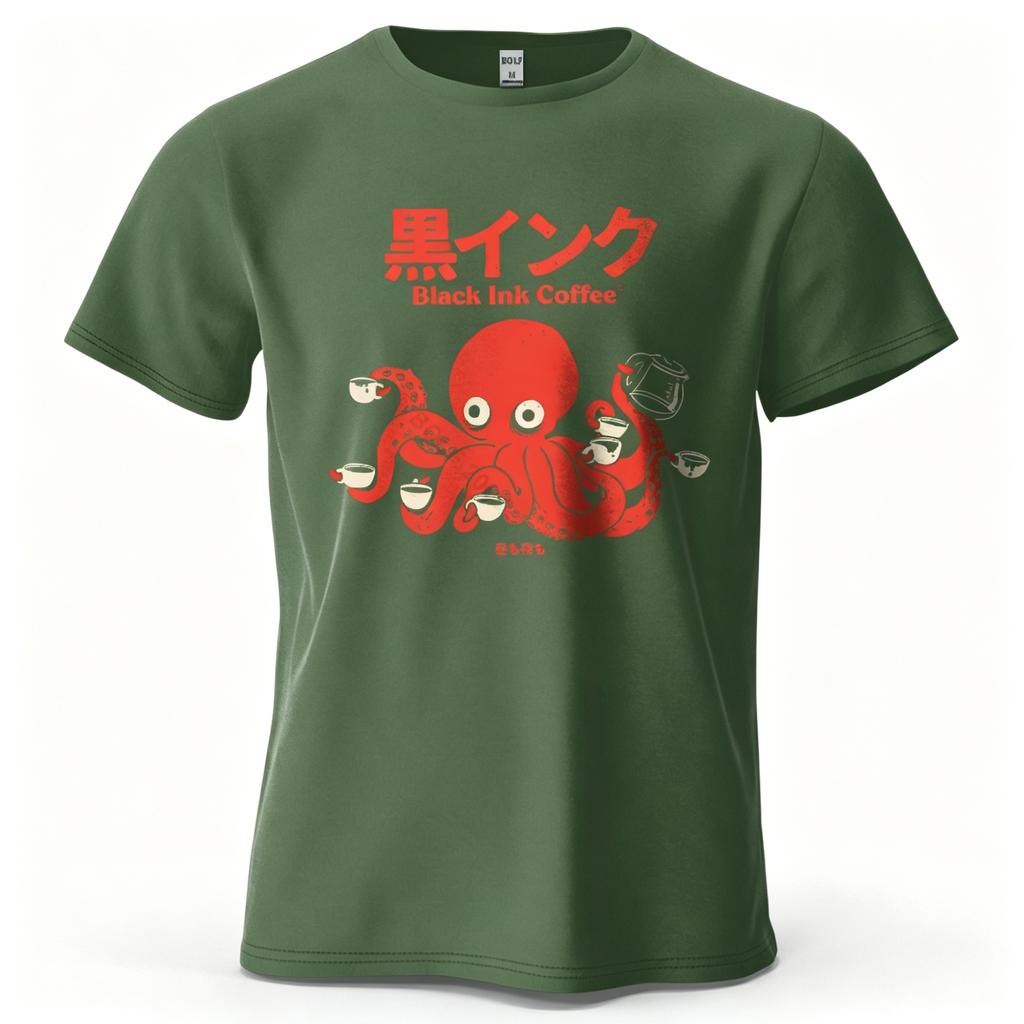 Unisex Octopus Coffee Black Ink Coffee Japanese Text Graphic Tshirt Casual Crew Neck Short Sleeve Loose Cotton Streetwear