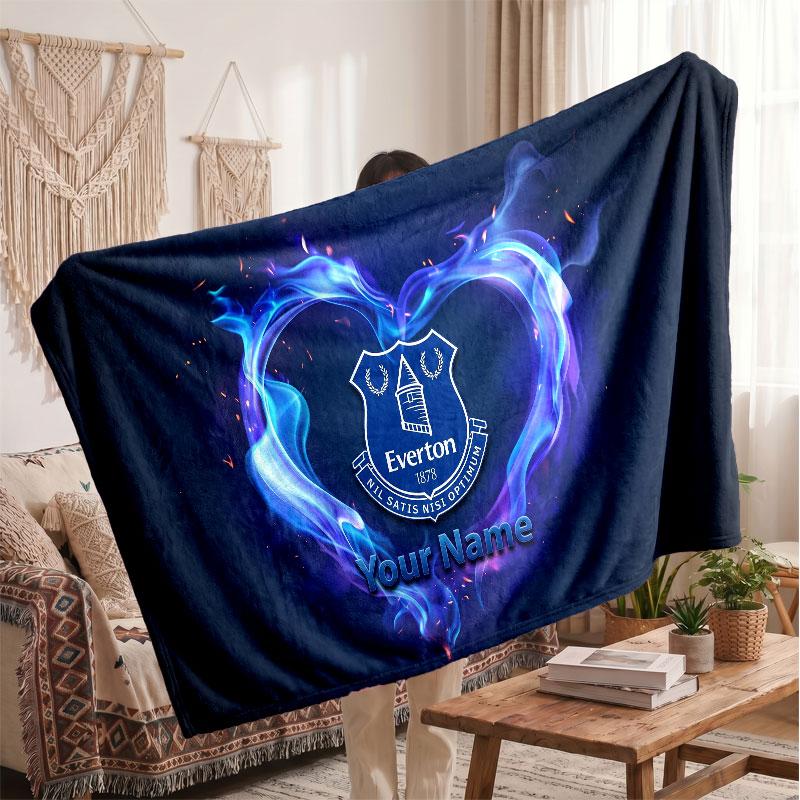 Everton FC Personalized Fleece Blanket With Football Logo, Custom Name Text Soft Warm Home Throw Blanket