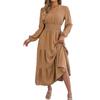 Women Elegant Solid Color Pom Pom Long Sleeve High Waist Ruffled A Line Long Dress