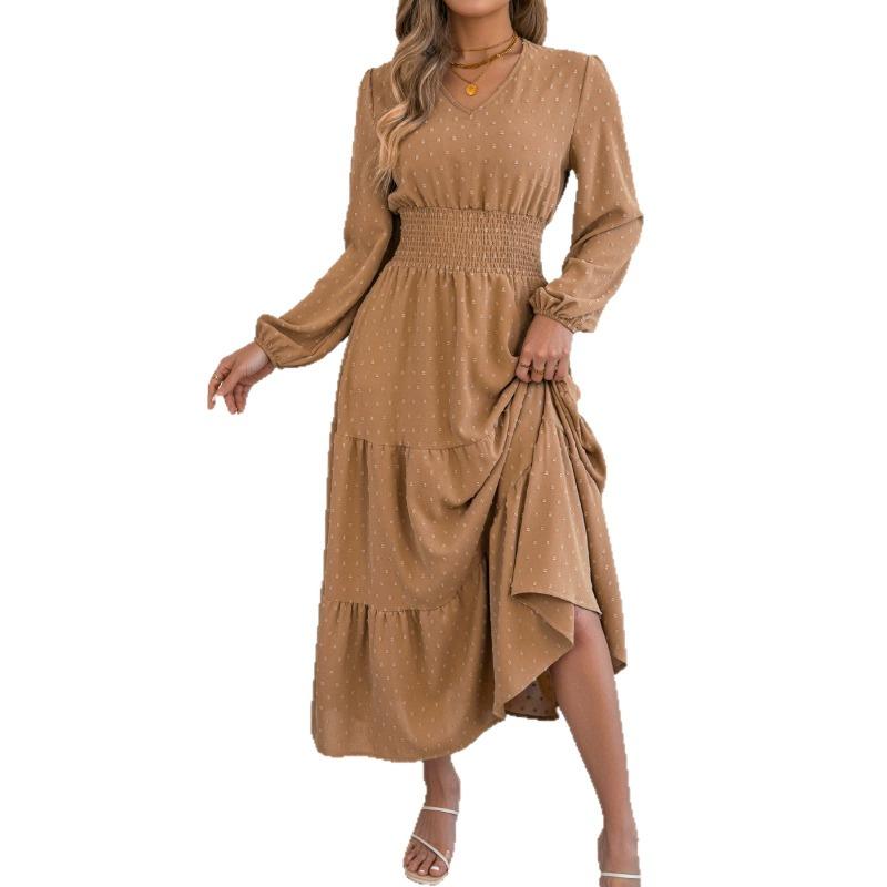 Women Elegant Solid Color Pom Pom Long Sleeve High Waist Ruffled A Line Long Dress