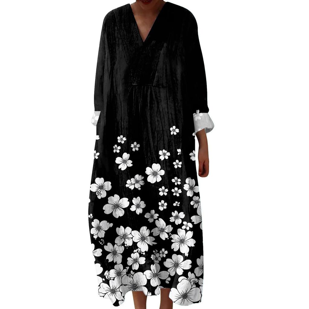Women's Casual And Fashionable V-Veck Printed Long Sleeved Dress Long Sleeved Dress