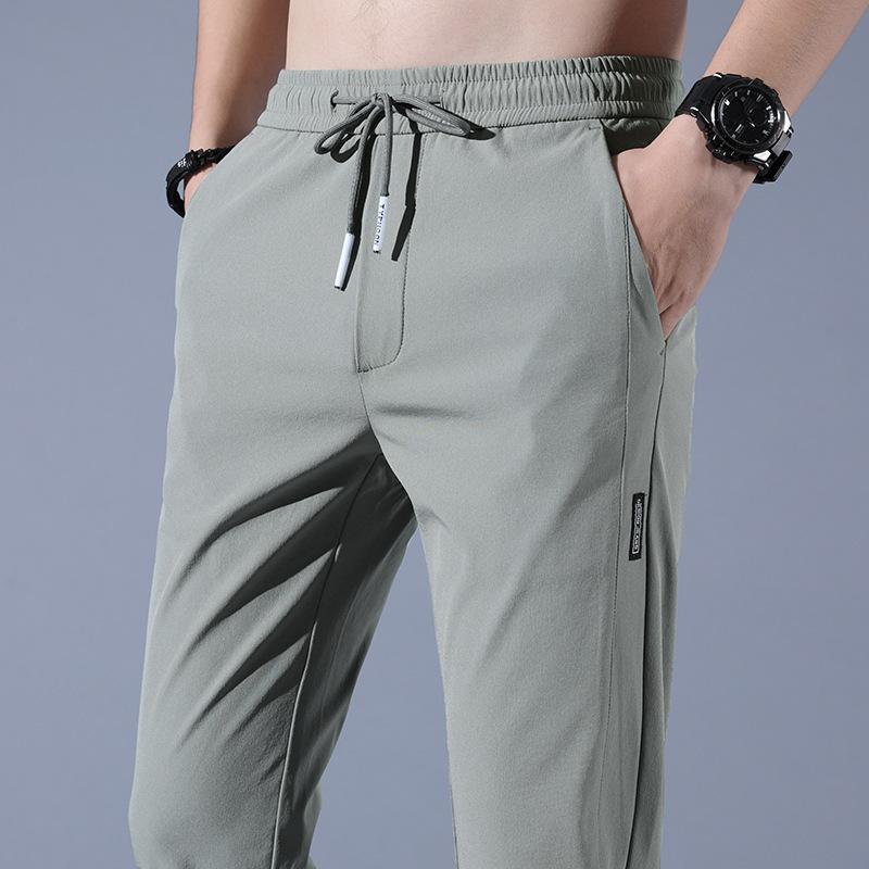 Men's Sports Casual Trousers Ice-Silk Summer Lightweight Style Trendy Versatile Straight-Leg Elastic Waist Loose-Fit Solid Colour Trousers