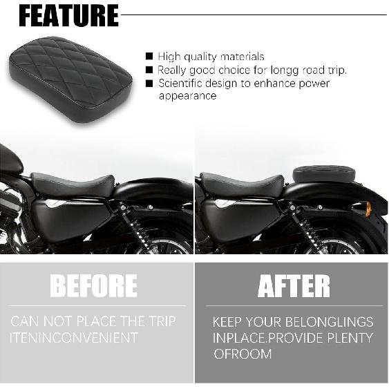 Motorcycle Pillion Passenger Pad Seat, Black Rhombus Pattern Leather Pillion Pad W/ 8 Suction Cup Rear Passenger Seat Compatible with Harley Custom