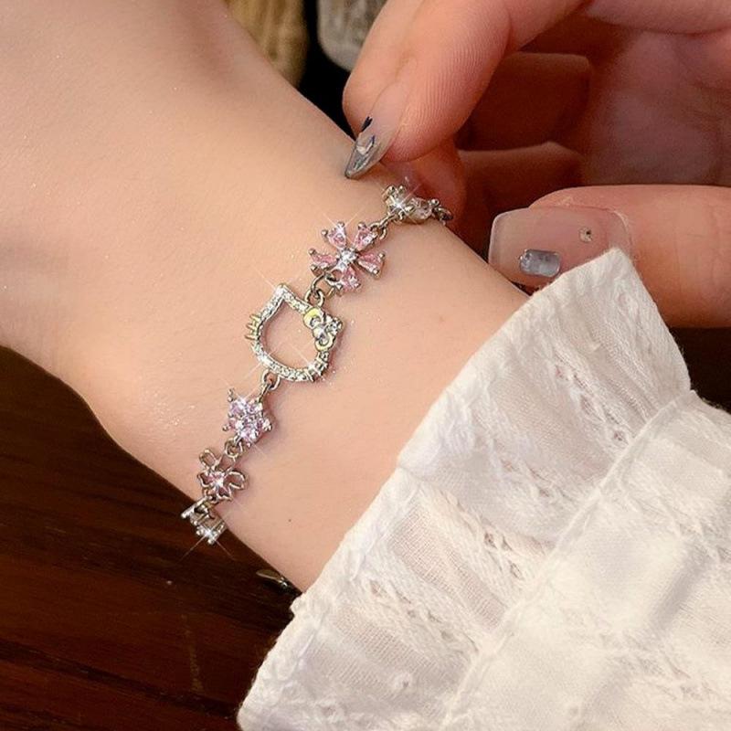 Korean Pink Zircon Cat Flower Bracelet - Cute and Versatile Hand Jewelry