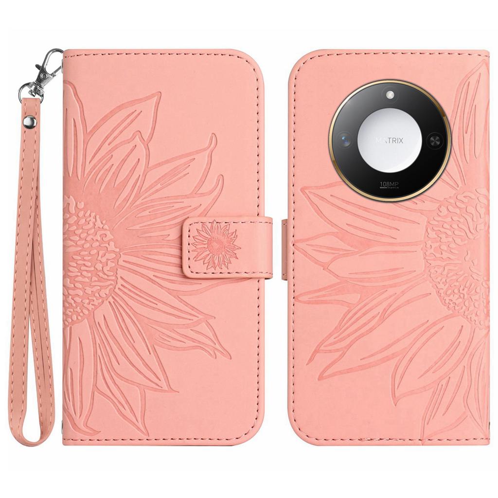 For Honor X9c Smart 5G Case Sunflower Imprint Leather Wallet Phone Cover with Wrist Strap