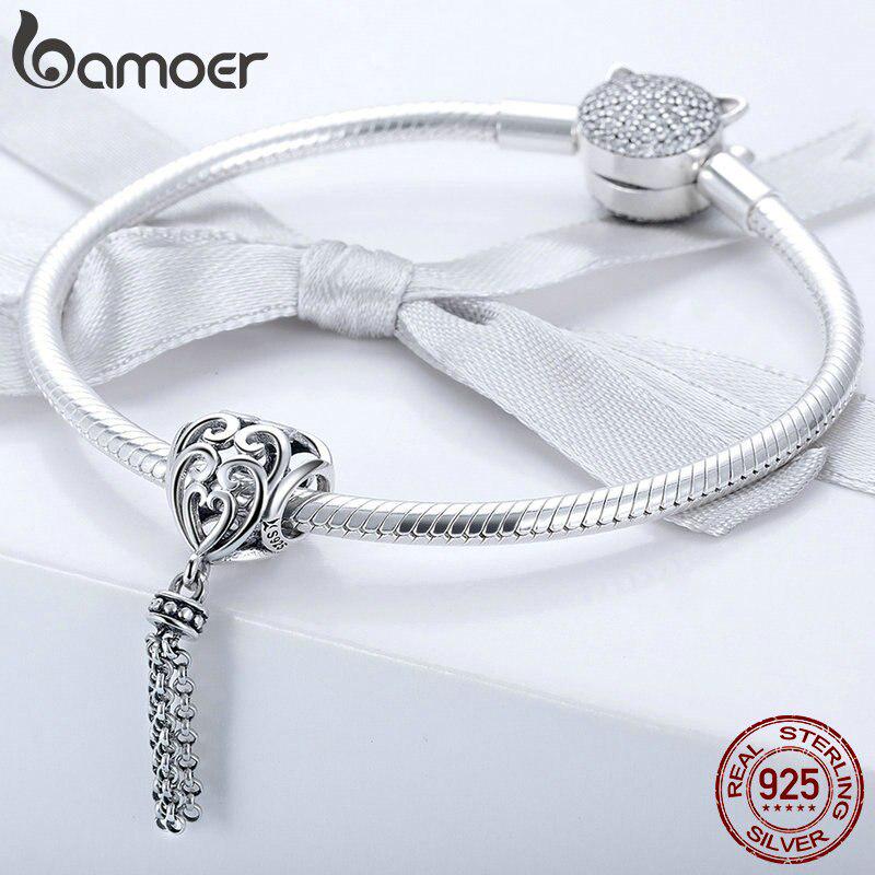 BAMOER 925 Sterling Silver Openwork Heart with Long Tassel Pendant Beads Fit Women Charm Bracelets