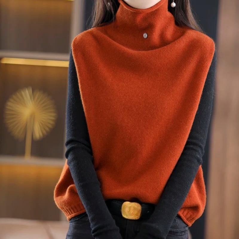 Woll-Strickweste mit einem Knopf für Damen, Pullover mit hohem Kragen, lockeres und einfaches Oberteil, Herbst-/Winterjacke