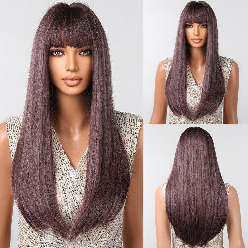 ALAN EATON Ash Grey Brown Mixed Synthetic Wigs for Women Long Straight Middle Part Hair Wigs Daily Cosplay Use Heat Resistant