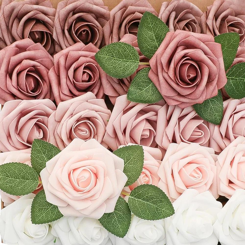 30/5 Stück künstliche Rosen, Blumen, Schaumstoff, künstliche Rosenköpfe mit Stielen für DIY-Hochzeitssträuße, Home-Party-Tische, Dekorationszubehör