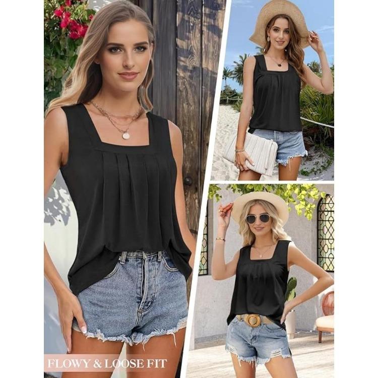 Women Summer Loose Flowing Sleeveless Vest Top with Pleated Square Neck and Curved Hem