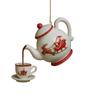 Christmas ornament vintage teapot with tea cups hanging decoration for tree mantel window and festive holiday table decor