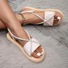 Women's Striped Suede Cross-Strap Flat Sandals with Faux Hemp Rope Sole.
