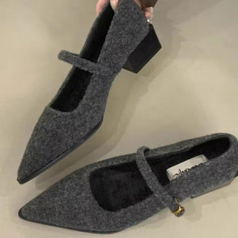 2026 New Winter Cotton Women Mary Jane Shoes Fashion Shallow Pointed Toe Shoes Concise Square Heels Shoes Luxury Low Heel