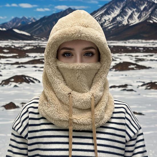 Women Riding Headgear Solid Color Adjustable Drawstring Face Guard Headgear Fall Winter Thickened Warm Plush Hat