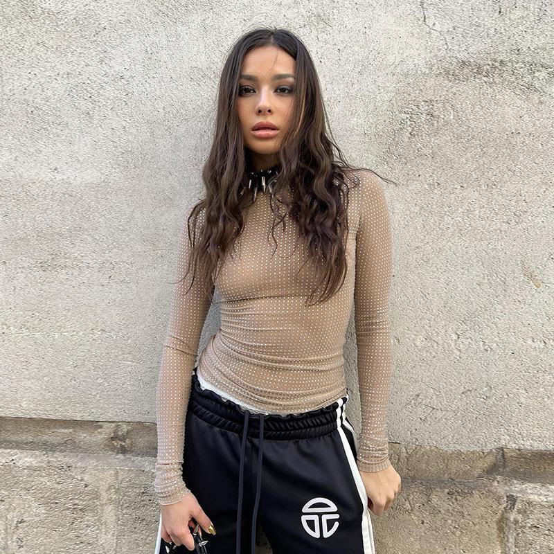 

Европейский и американский сексуальный прозрачный пикантный топ с длинным рукавом весенний приталенный темпераментный универсальный M