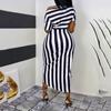 Ladies Sexy Slant Collar Off Shoulder Waist Striped Irregular Slit Dress