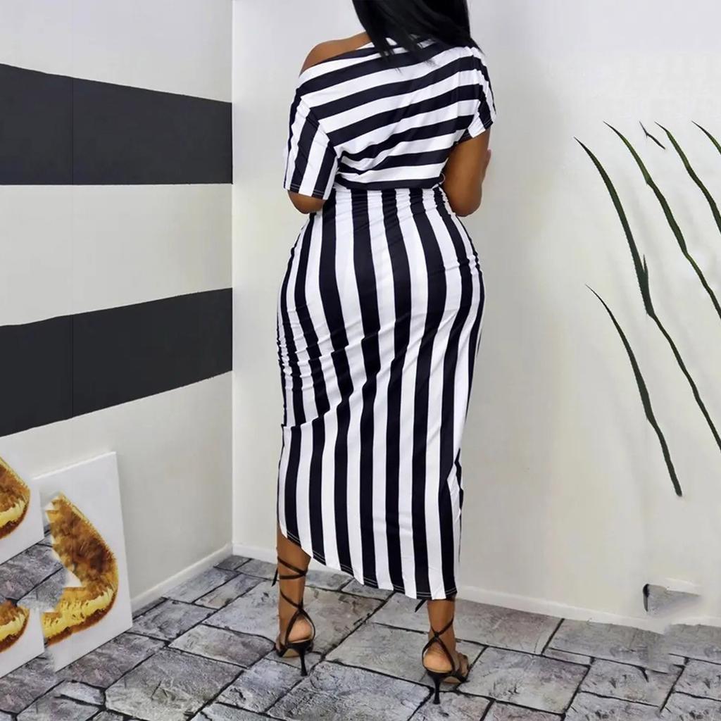 Ladies Sexy Slant Collar Off Shoulder Waist Striped Irregular Slit Dress