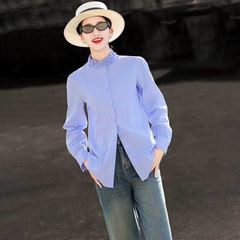 Women s French Style Striped Ruffle Stand Collar Shirt M