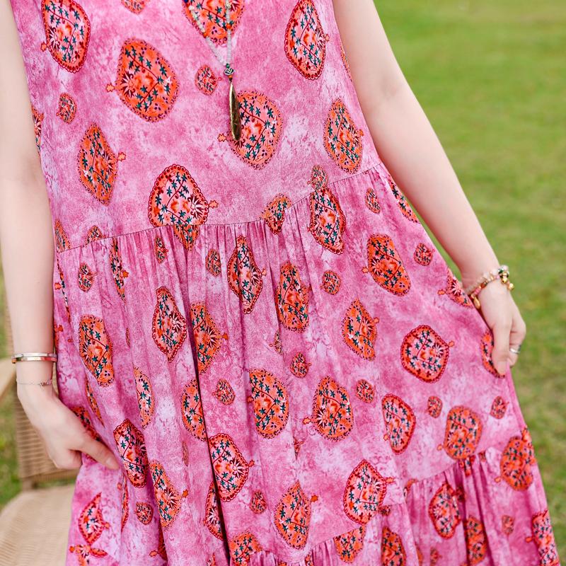 Elegant Sleeveless Dress for Women Plus Size Loose Vintage Print Long Dress Summer Middle-aged Women's Clothing