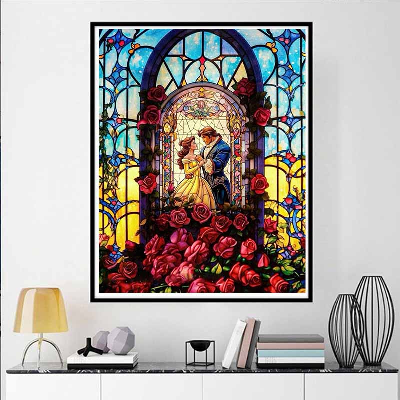 Disney 5D DIY Diamond Painting Decorations Beauty and The Beast Stained Window Theme Artwork Diamond Embroidery and Rhinestone Cross StitchSetHandmade