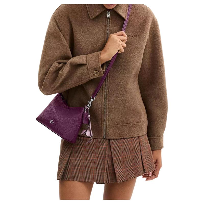 Coach Laurel 19 Brand Logo Flower Pendant Soft Pebble Leather Hand Shoulder Bag Small Women's Plum Color
